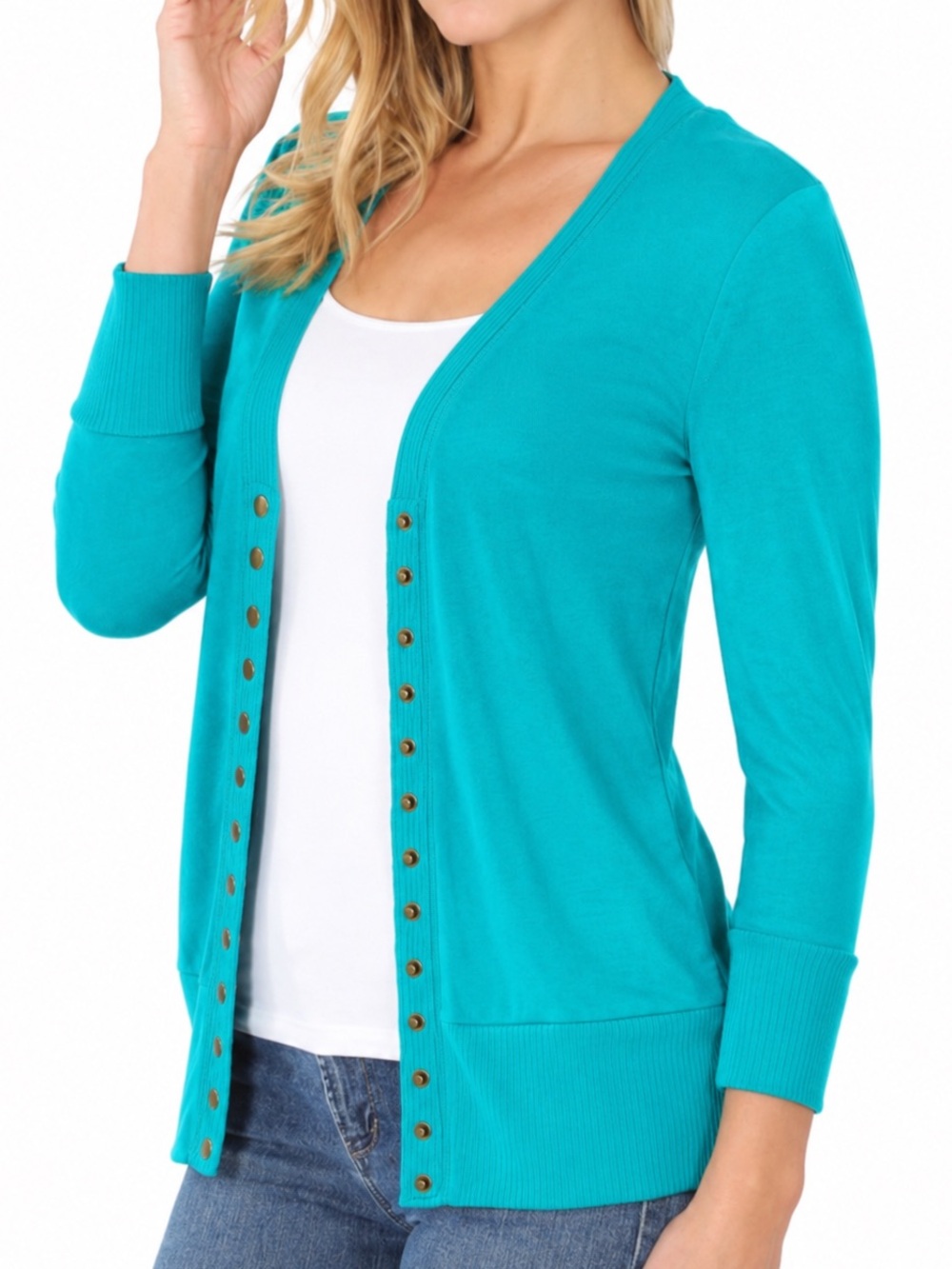 Zenana Outfitters Teal Turquoise Snap Front V Neck Cardigan Sweater L